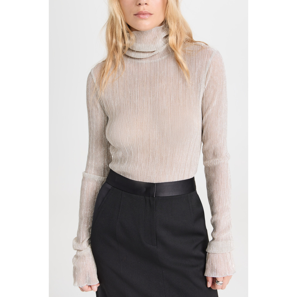 Light Beige Metallic Turtleneck Long-Sleeve Top